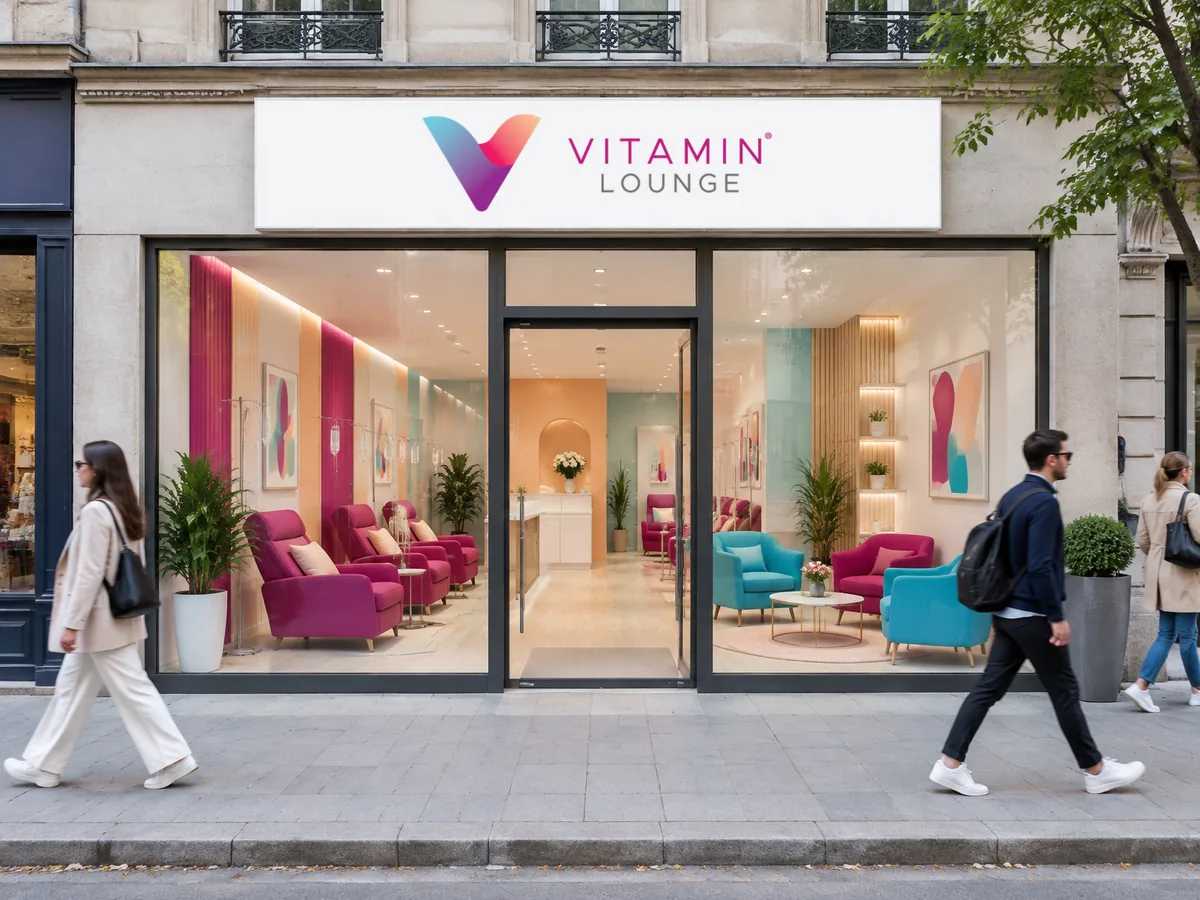 Vitamin-Lounge-Standort mit Logo über dem Eingang